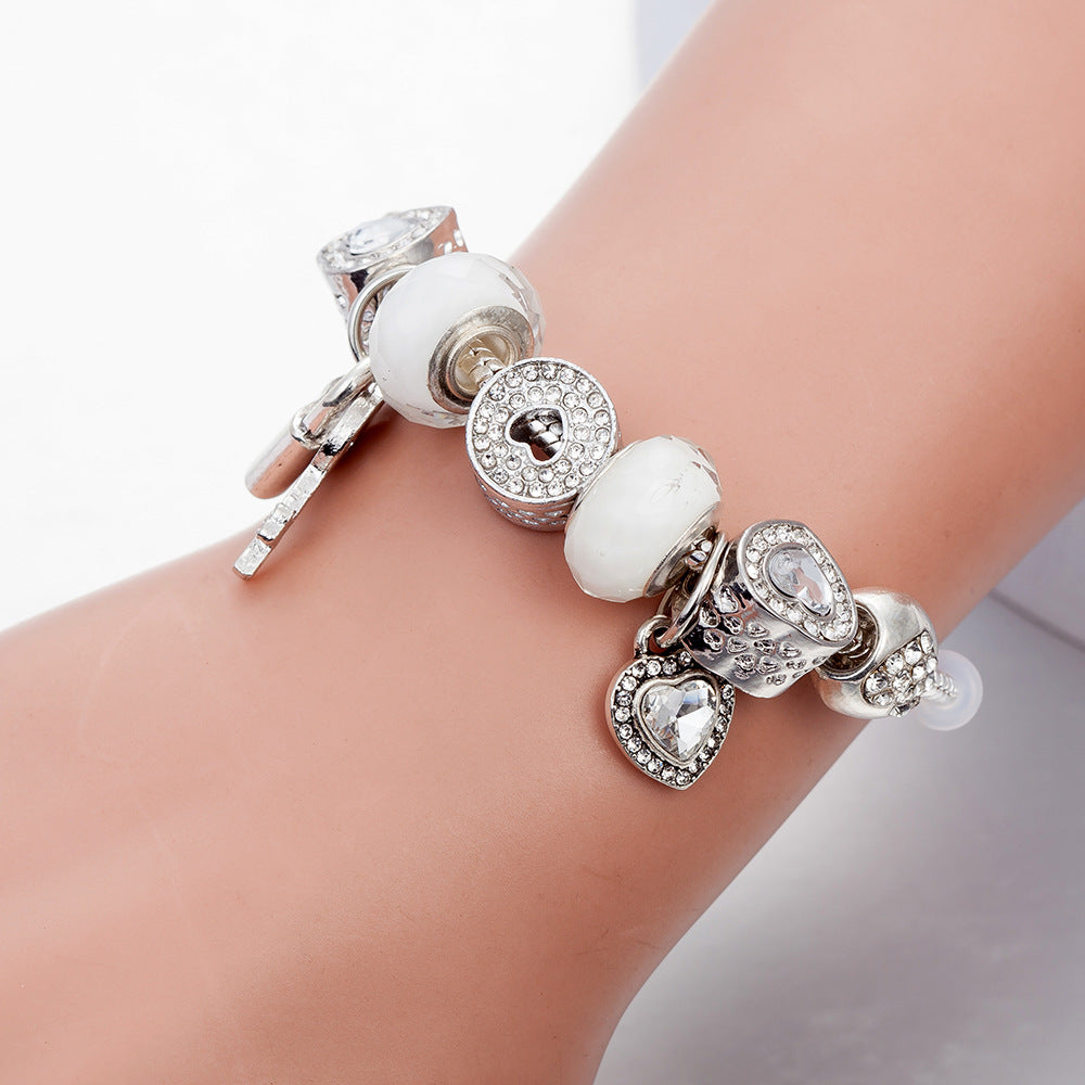 Transparent crystal beads with heart key lock pendant