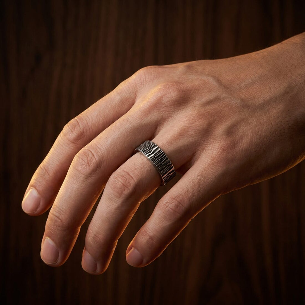 Bark-Texture Steel Signet Ring on model - front