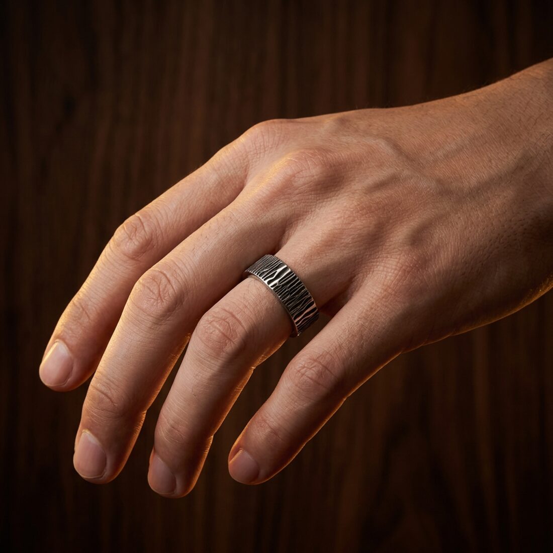 Bark-Texture Steel Signet Ring on model - front