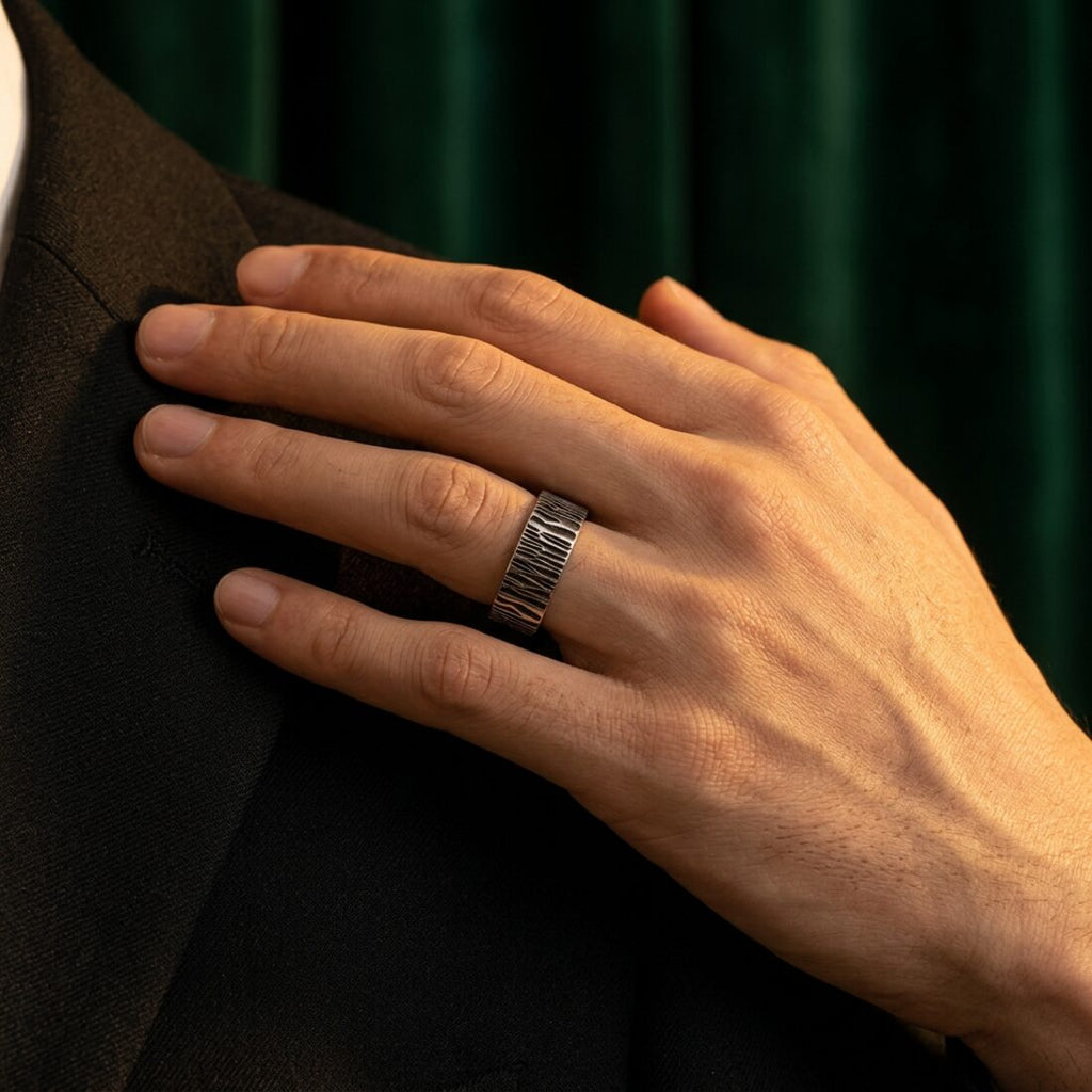 Bark-Texture Steel Signet Ring on model - side