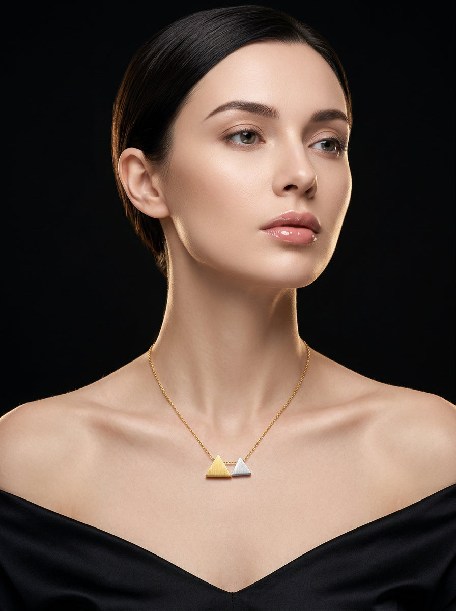 Model wearing Heritage S925 Silver Triangle Pendant Necklace